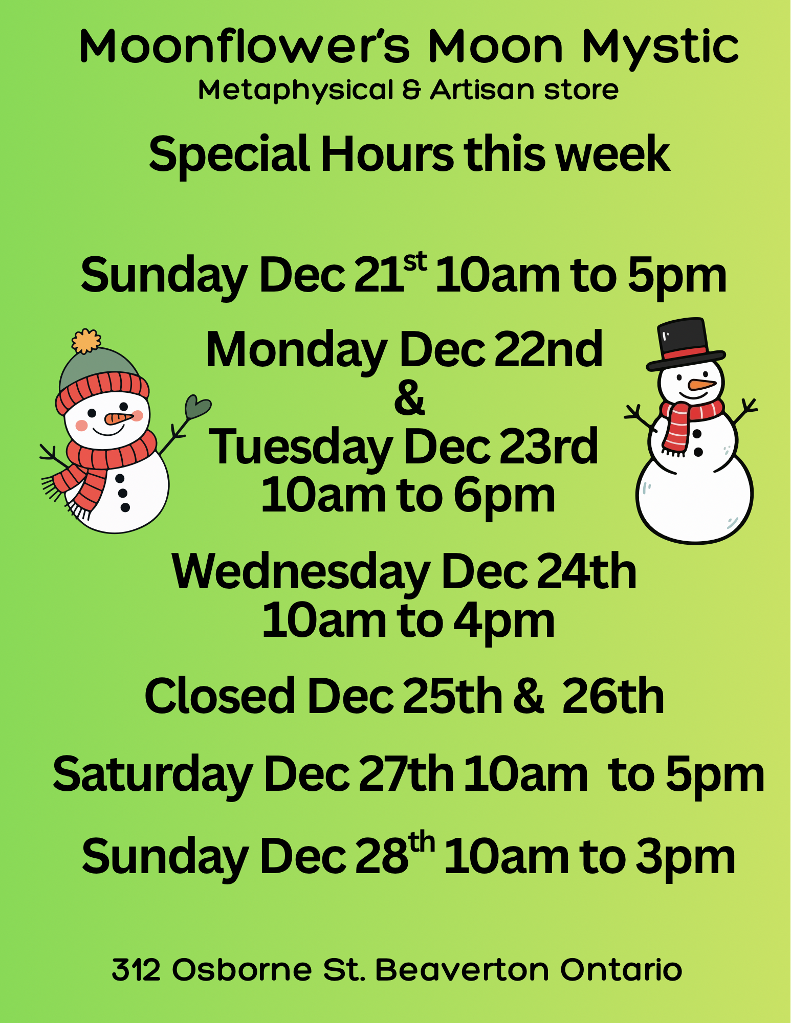 Hours from Dec 21st to 28th